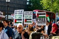 Protesters with placards at the Gaza: Stop The Massacre rally in Whitehall, London, UK.