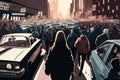 protesting crowd marching on busy street, with cars and people in the background