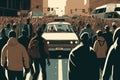 protesting crowd marching on busy street, with cars and people in the background