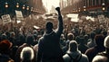 Protesting crowd people on city street with raised fist rear view, anti war national protest march Royalty Free Stock Photo