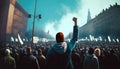 Protesting crowd people on city street with raised fist rear view, anti war national protest march Royalty Free Stock Photo