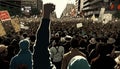 Protesting crowd people on city street with raised fist rear view, anti war national protest march Royalty Free Stock Photo