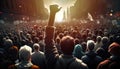 Protesting crowd people on city street with raised fist rear view, anti war national protest march Royalty Free Stock Photo