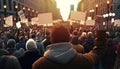 Protesting crowd people on city street with raised fist rear view, anti war national protest march Royalty Free Stock Photo