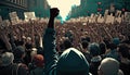 Protesting crowd people on city street with raised fist rear view, anti war national protest march Royalty Free Stock Photo