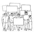 Protesting people with blank signs. Crowd with empty banners. Mass demonstration of protest. Hand drawn sketch vector Royalty Free Stock Photo