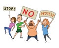 Protesting people. A group of men and women with posters at a rally or protest action. Vector illustration, isolated on