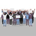 Protesting people with hands up in medical face masks. Public protest illustration Royalty Free Stock Photo