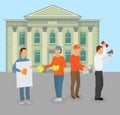 Protesting people stand in picket in front of bank vector illustration.