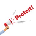 Protestor hand holding bullhorn shouting protest text sign, angry person