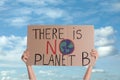 Protestor holding placard with text There Is No Planet B against blue sky, closeup. Climate strike