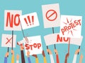 Protestors banners. Hand holding blank placards of political manifestation signs vector background concept