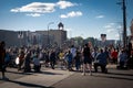 Protestors bow and kneel before state patrol police officers in the streets in peaceful demonstration