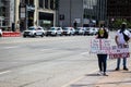 Protestors Hold Signs as a Fleet of Police Cars Drives Past