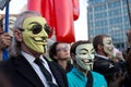 Protestors wearing Guy Fawkes maskes during manifestation against the trade agreements TTIP and CETA in Brussels