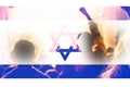 Protests Israel Tel Aviv. Israel flag. Protest in Israel 2023. Rise hand. Defense minister. Out of focus Royalty Free Stock Photo