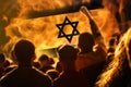 Protests Israel Tel Aviv. Israel flag. Protest in Israel 2023. Rise hand. Defense minister. Fire, flame, revolution. Out Royalty Free Stock Photo