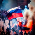 Protests in Russia. People fighting with flags at demonstration. AI generative