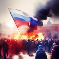 Protests in Russia. People fighting with flags at demonstration. AI generative