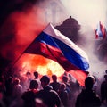 Protests in Russia. People fighting with flags at demonstration. AI generative