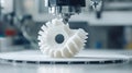 A prototype car engine made from melted white plastic was printed on a working surface 3D printer. Three-dimensional Royalty Free Stock Photo