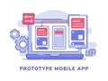 Prototype mobile app wireframe setting on display laptop screen background of gear code coding with flat outline style