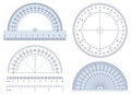 Protractor. Angles measuring tool, round 360 protractors scale and 180 degrees measure vector illustration set Royalty Free Stock Photo