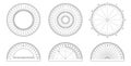 Protractor and Measuring Circle set. Angles measuring tool. Protractors scale 360 and 180 gradus. Actual size graduation