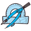 Protractors and compasses, drawing instruments colored icon with a black outline on a white background