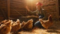 Proud chicken farmer woman guarding her hens in a henhouse