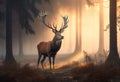 A proud deer with huge antlers stands in the middle of a dense forest in the morning mist. AI generated Royalty Free Stock Photo