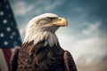 Proud eagle standing tall beside the iconic American flag - Generative AI