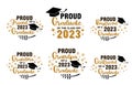 Proud family of a 2023 Graduate . Trendy calligraphy inscriptions with black hat and gold glitter