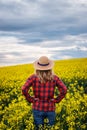 Proud farmer is looking at blooming oilseed field during sunset