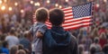Proud Father and Son Celebrating American Independence Day with USA Flag in the crowd of people. Generative AI