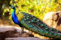 Proud gesture of a peacock. A male peafowl