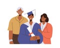 Proud happy family people and cheerful graduate son student standing together vector illustration