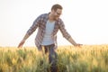 Proud happy young farmer walking through wheat field, gently touching plants with his hands Royalty Free Stock Photo