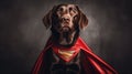 A proud Labrador dog channels the iconic Superman, exuding strength