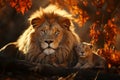 Proud lion and his young cub relaxing together under lush foliage, AI-generated.