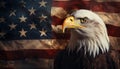 Proud and majestic bald eagle perched gracefully on a tattered and distressed american flag