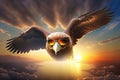 Proud majestic eagle wearing aviators, flying through the sky Royalty Free Stock Photo