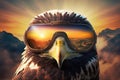 Proud majestic eagle wearing aviators during stunning sunset