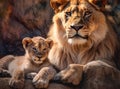 This proud male aftican lion is cuddled by his cub during an affectionate moment. Created with Generative AI technology. Royalty Free Stock Photo