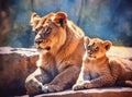 This proud male aftican lion is cuddled by his cub during an affectionate moment. Created with Generative AI technology. Royalty Free Stock Photo