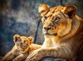 This proud male aftican lion is cuddled by his cub during an affectionate moment. Created with Generative AI technology. Royalty Free Stock Photo