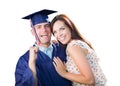 Proud Male Graduate In Cap and Gown with Pretty Girl Isolated on White