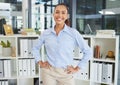 Proud, office and business woman in portrait for corporate vision, company success and folder management strategy in Royalty Free Stock Photo