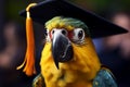 A proud parrot dons a graduation cap, symbolizing educational triumph