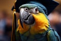 A proud parrot dons a graduation cap, symbolizing educational triumph